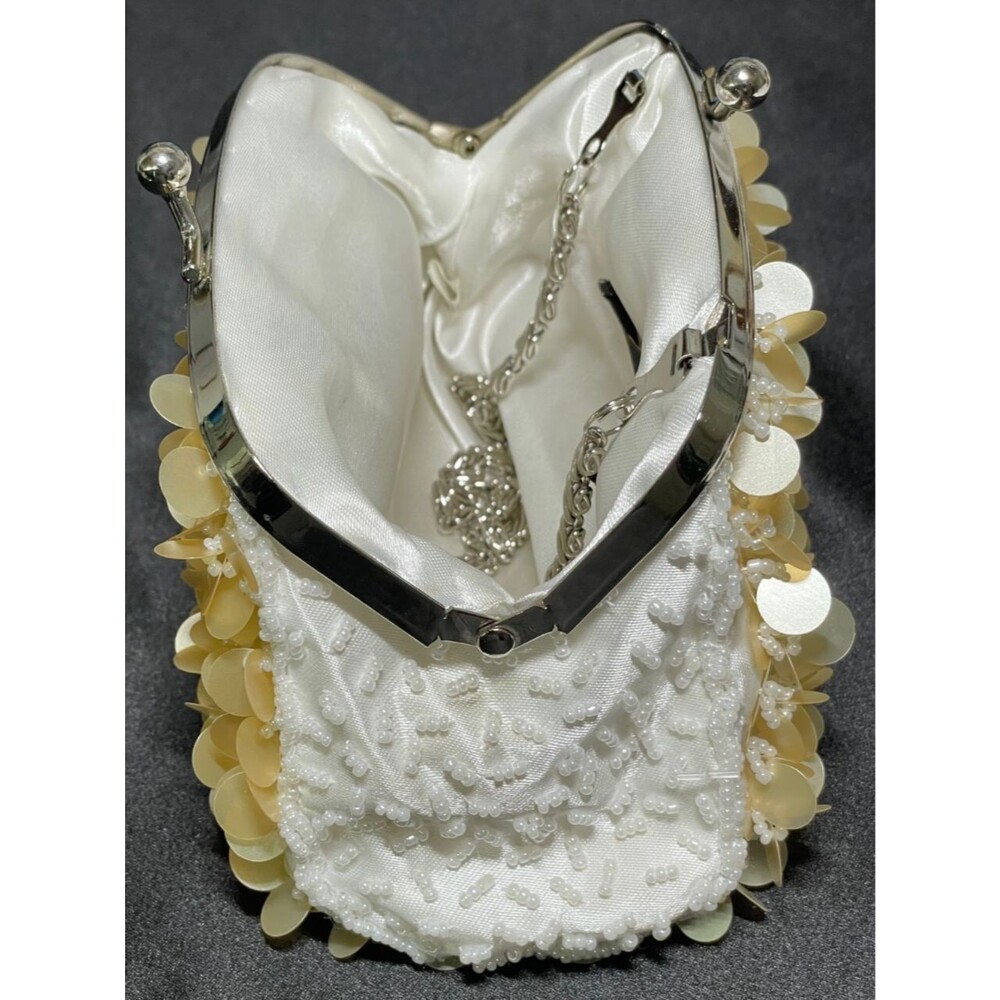 Moni Couture Gold / White Beaded Sequin Clutch Handbag w/ Silver Chain Mini Y2K - Picture 4 of 7